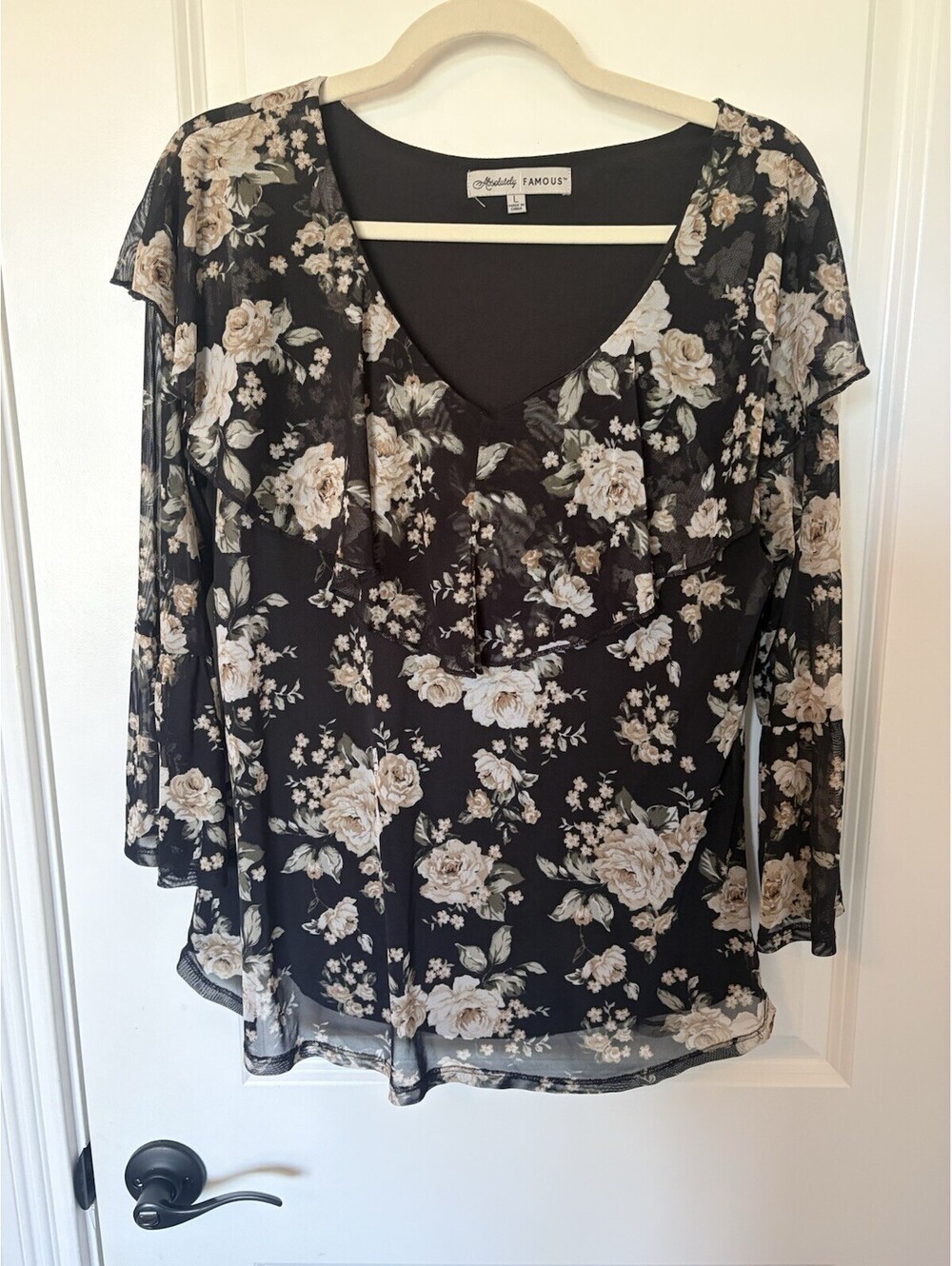 Absolutely Famous Womens Black Floral Blouse L Coquette Boho Festival